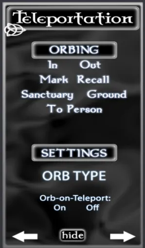 The Teleportation page, with the Orbing buttons and Settings